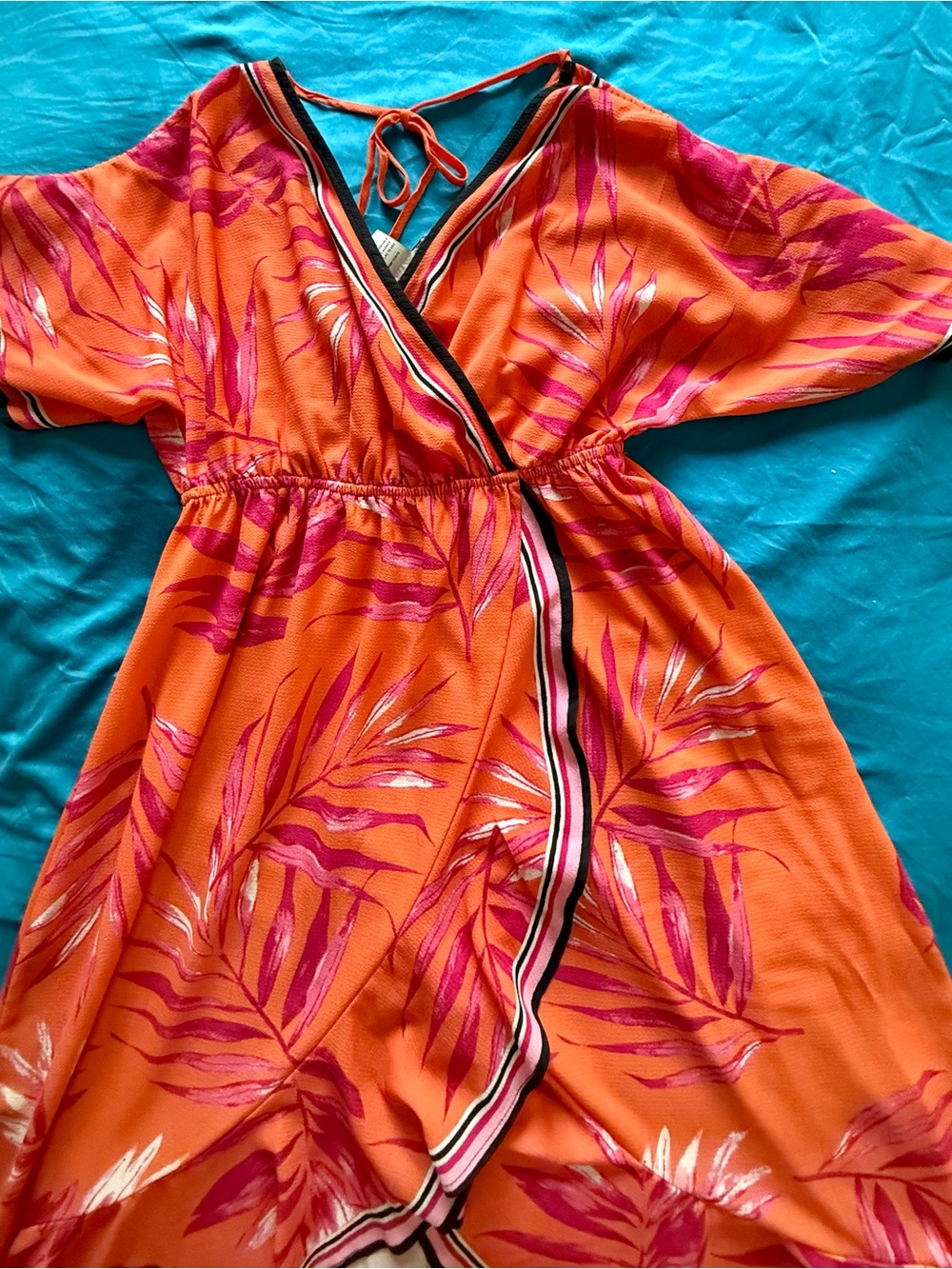 Flying Tomato Orange Wrap Dress with Pink Leaf Print and Contrast Trim